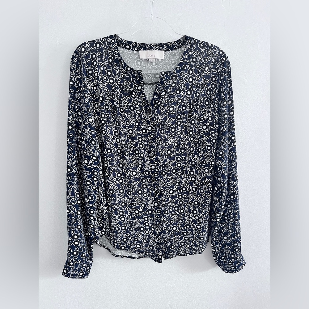 LOFT Navy and White Printed Long-Sleeve Blouse